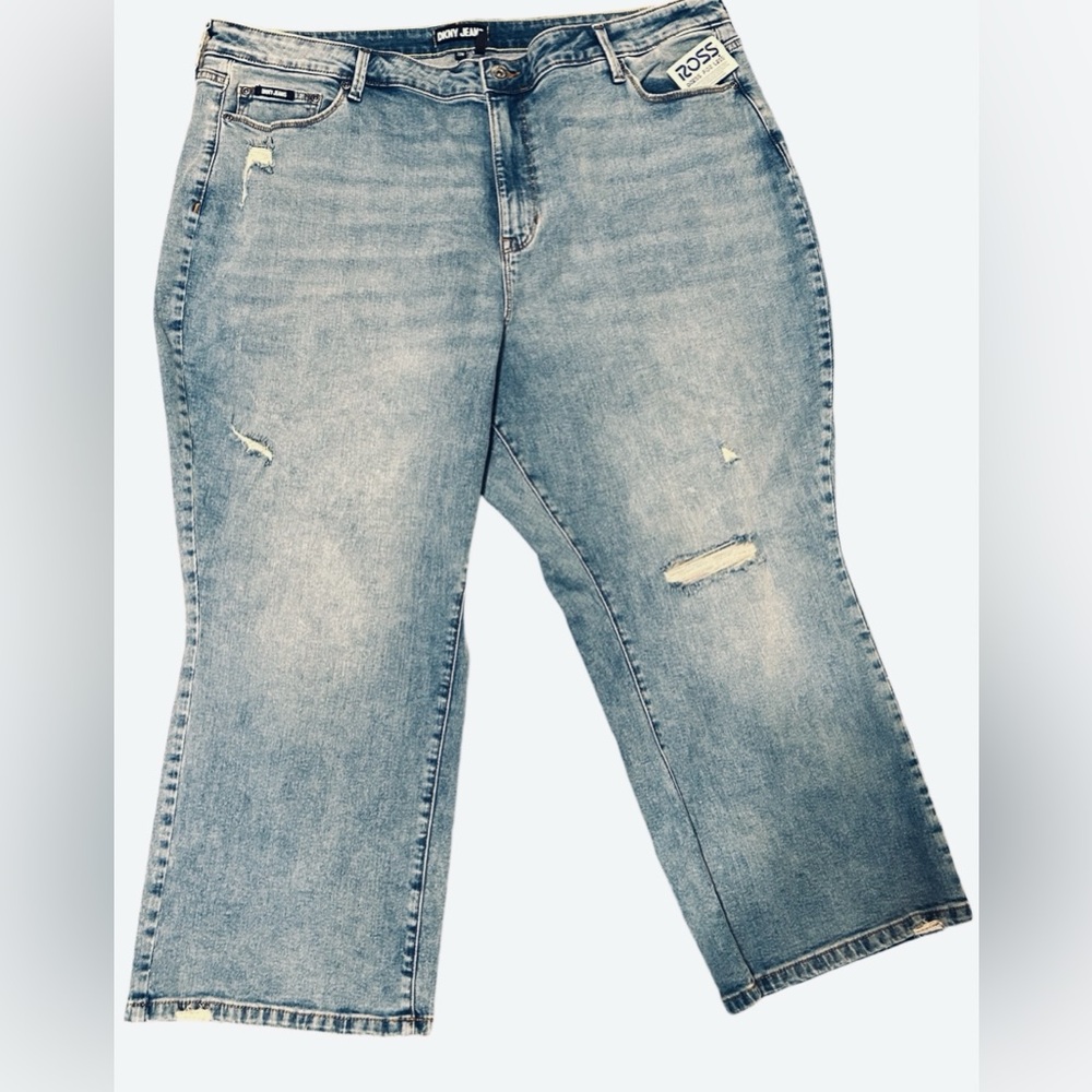 DKNY Cotton Blend Plus Size Medium Rinse Distressed Blue Jeans 22W NEW